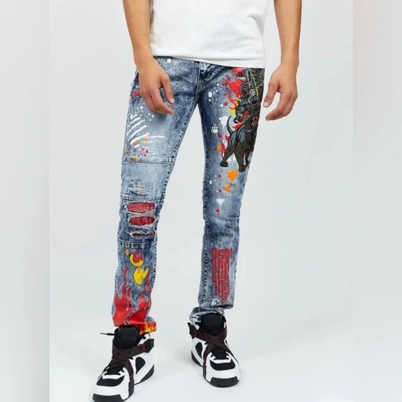 Reason Mens Blue Legend Born Graphic Paint Splatter Patch Straight Jeans Size 36 - Picture 1 of 12